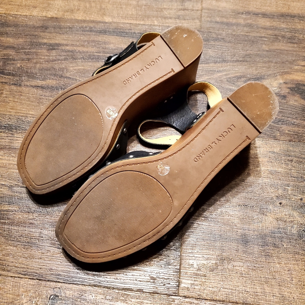 Lucky Brand 8.5/39 Open Toe Black Leather Wooden Platform Wedge Heels Za… - Picture 5 of 5